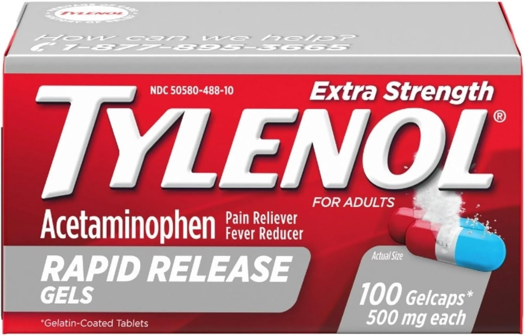 Tylenol Extra Tugevus Kiire vabastamine Gelcaps, 100 Count Pudelid (pakk 2)