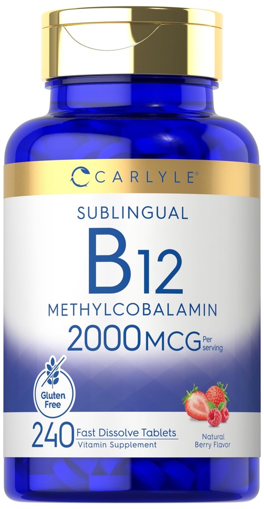 Carlyle B12 Vitamiin 2000 mcg | 240 Kiiresti lahustuvad tabletid | Sublingvaalne metüülkobalamiin | Berry Flavor | Taimetoitlane, mitte-GMO & Gluteenivaba toidulisand