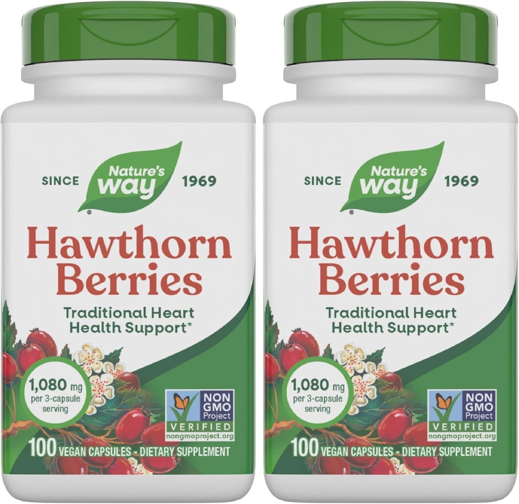 Nature's Way Herbal Hawthorn Berries, Traditional Heart Health Support*, 100 Vegan Capsules (Packaging May Vary) (Pack of 2)