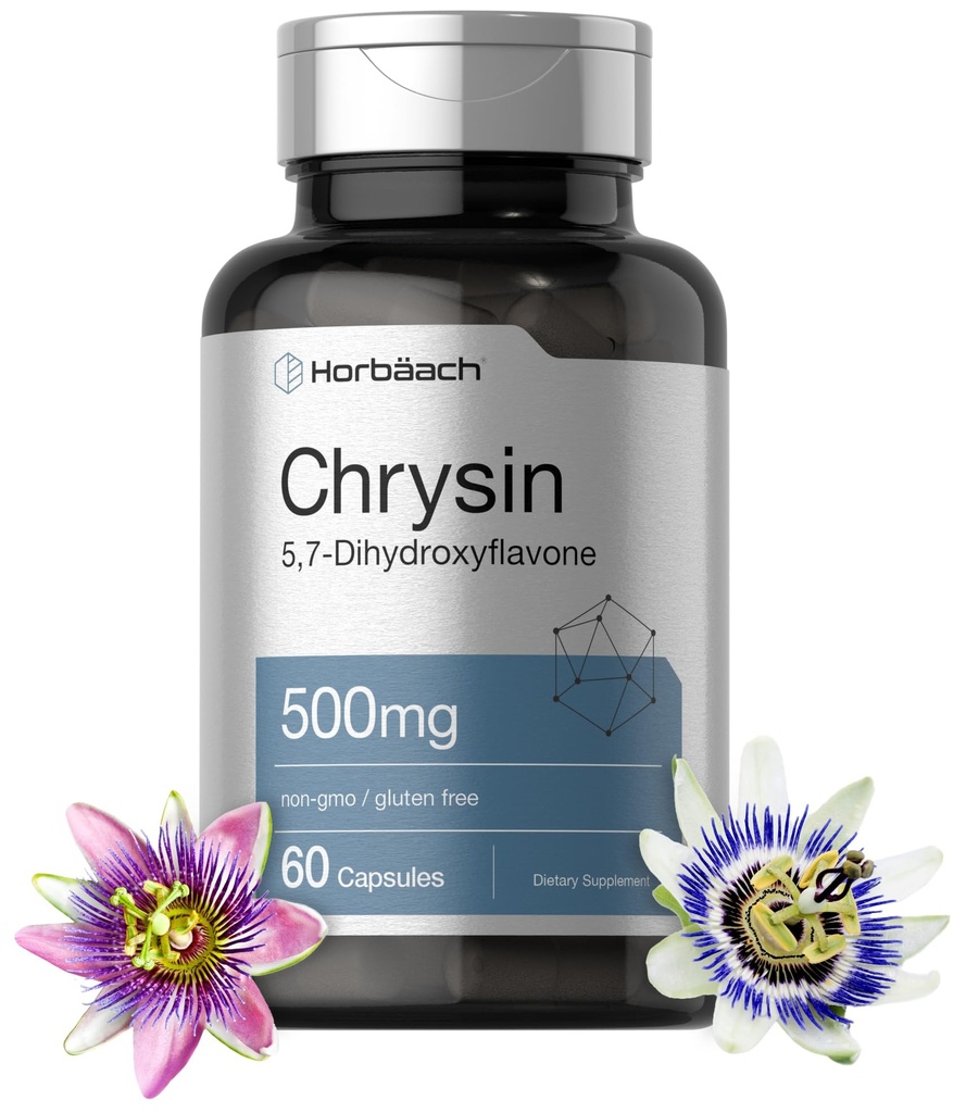 Horbäach Chrysin Supplement | 500mg | 60 kapslit | Passion Flower Extract | Non-GMO, Gluteenivaba täiendus