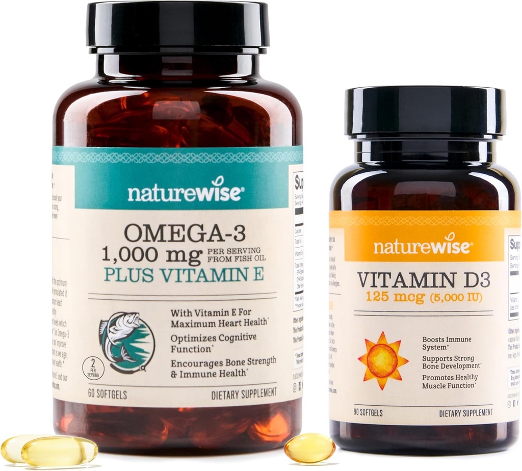NatureWise High-Potency 1000mg Omega 3 koos 600mg EPA, 400mg DHA, & Vitamiin E & Vitamiin D3 5000iu (125 mcg) Tervislik lihaste funktsioon ja immuunsüsteemi tugi