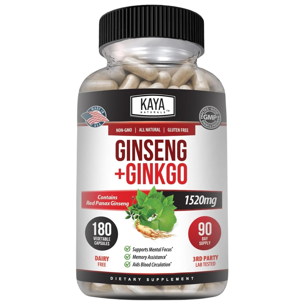 Kaya Naturals Red Panax ženšenn + Ginkgo Biloba - Nootroopne aju täiendus - Kognitiivne ja kontsentratsioonitoetus - Aju suurendaja, fookus ja mälu täiendus - 180 kapslit