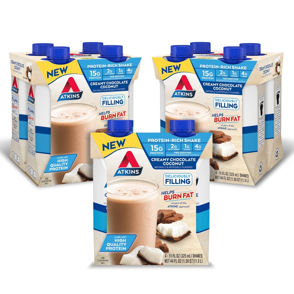 Atkins Creamy Chocolate Coconut Protein Shake, 15 g valku, 2 g Net Carbs, 1 g Suhkur, Keto Sõbralik, 12 Count