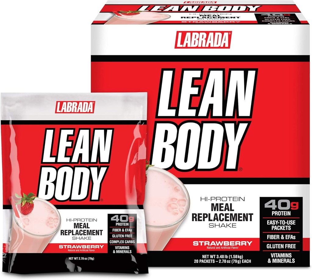 Labrada Lean Body MRP All-in-One Maasikajahu asendamine Shake, 40 g valku, vadakusegu, 8 g tervislikke rasvu EFA ja kiudaineid, 22 vitamiine ja mineraale , kunstlikku värvi, Gluteenivaba, (20 pakki)