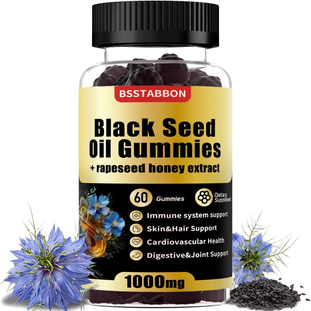 Black Seed Oil Gummies 1000mg orgaanilise musta seemne õli, 25mg rapsiseemne Honey ekstrakt, Vitamiin B6, B12 ja tsink immuunsüsteemi toetust (60 kummid) (60 loend)