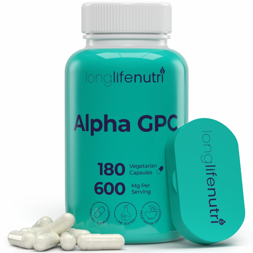 Alpha GPC koliinilisa 600mg – 180 taimetoitlast kapslit, kõrge puhtus Nootroopne igapäevaseks energiaks, 3 kuu pakkumine, atsetüülkoliini allikas kognitiivseks ja vaimseks selguseks, GMP sertifitseeritud, valmistatud USA-s