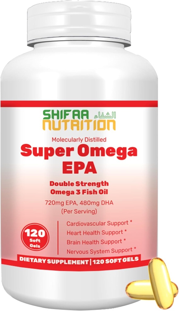 SHIFAA TOITMINE Halal Fish Oil Softgels 120 Ct, Double Strength - Halal Omega 3 Fish Oil Supplements. Looduslikult püütud, geneetiliselt muundamata ja puhastatud