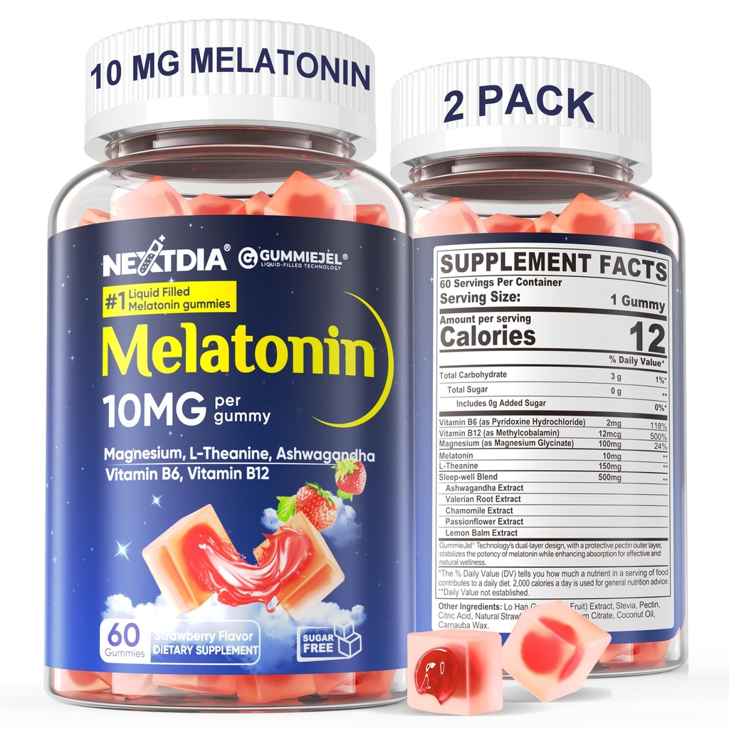 2 Pack Sugar Free Melatoniin Gummies 10mg 20mg Magneesium Glütsinaat Melatoniin täiskasvanutele, Ashwagandha, L-Theanine, B6, B12, Sidrun Balm ja kummel sügavaks lõõgastumiseks, Antioksüdant, Vegan, 120 päeva