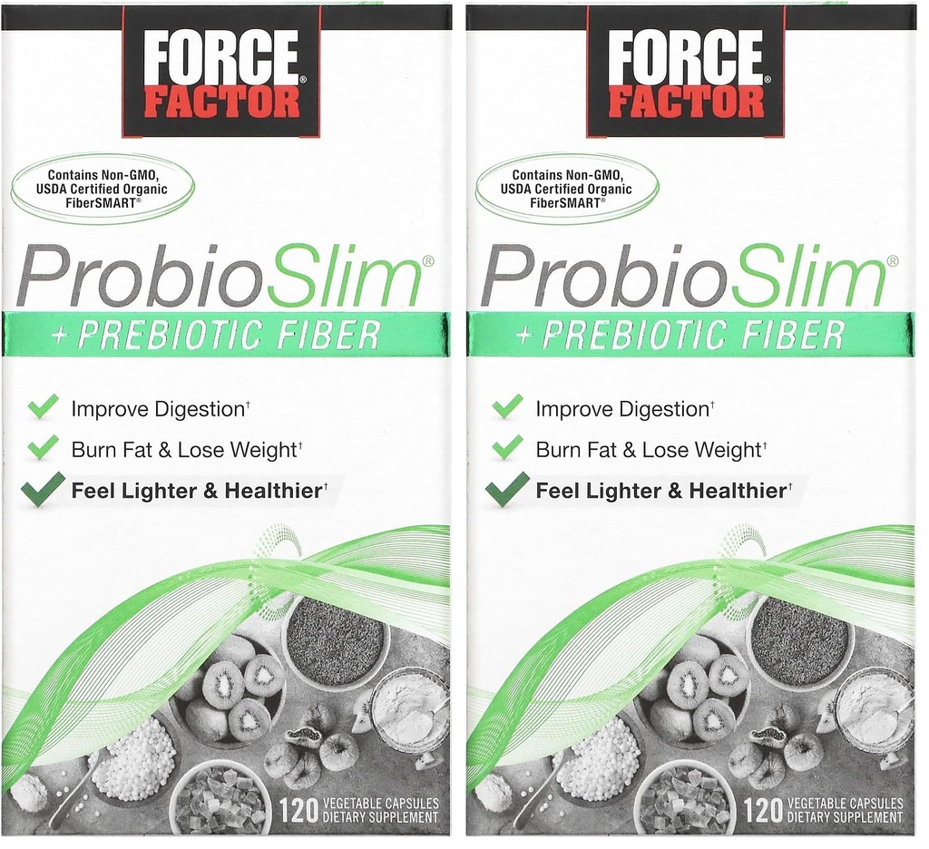 Jõufaktor ProbioSlim + Prebiootiline kiudaine kaalulangus täiendus naistele ja meestele, probiootiline ja prebiootiline seedetrakti tervisetoetus rohelise tee ekstrakti ja Psyllium Husk kiud, 120 kapslit