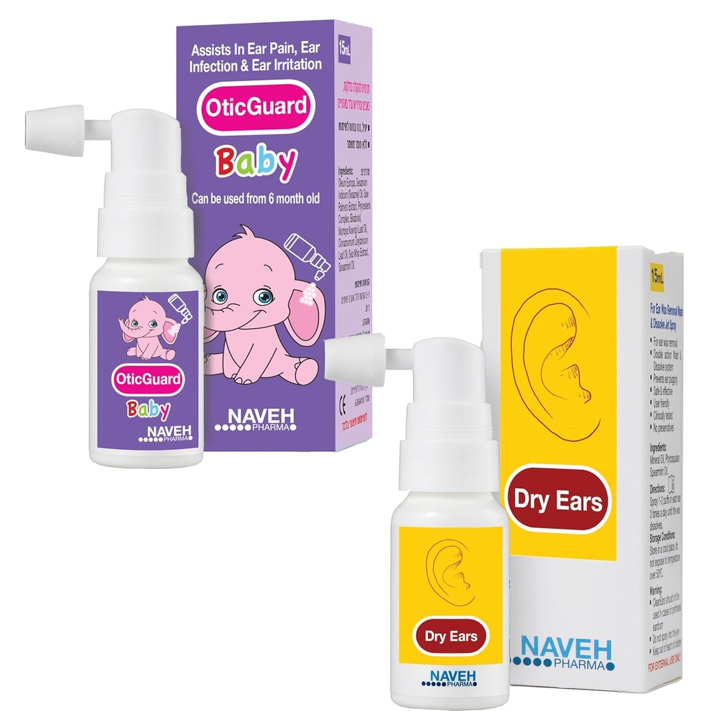 NAVEH PHARMA Otic Guard Baby Spray 0,5 Fl Oz + NAVEH PHARMA Kuivad kõrvad Spray 1 Fl Oz