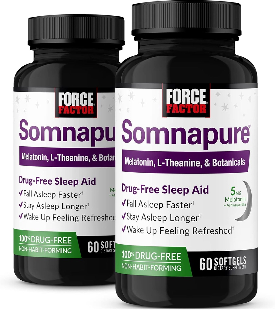 FAKTOR Somnapure Softgels 2-Pack Sleep Aid langeda kiiremini magama, Jää kauem magama, Ärka värskendatud, Uneabi täiskasvanutele melatoniini, Aswagandha, Valerian Juur, 120 Softgels
