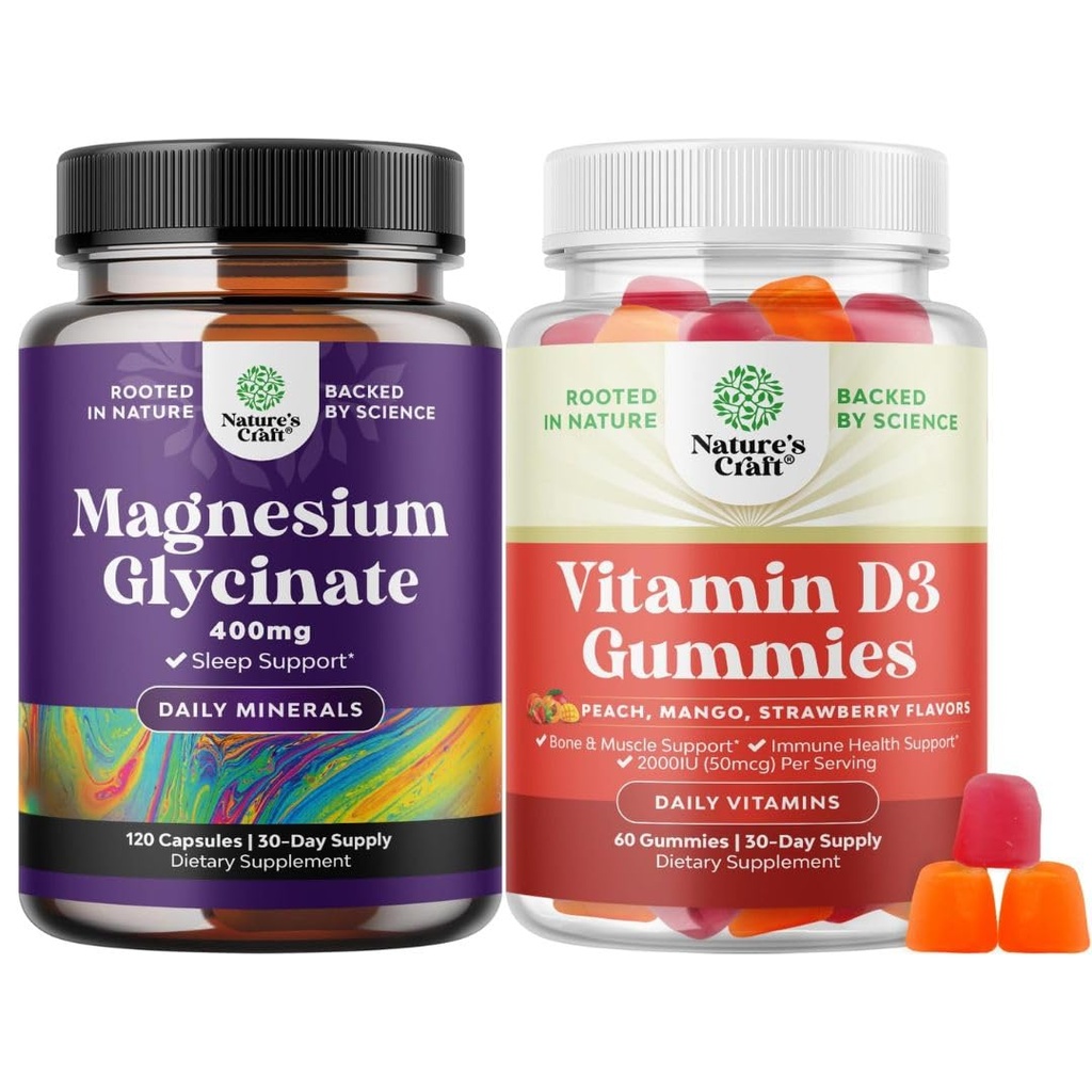Puhta magneesiumglütsinaadi 400mg ühe serveerimise kohta meeleolu une ja lõõgastumise jaoks ning D3-vitamiini kummid igapäevaseks heaoluks või luulihaste ja immuunsüsteemi toetamiseks