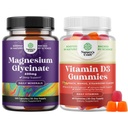 Puhta magneesiumglütsinaadi 400mg ühe serveerimise kohta meeleolu une ja lõõgastumise jaoks ning D3-vitamiini kummid igapäevaseks heaoluks või luulihaste ja immuunsüsteemi toetamiseks