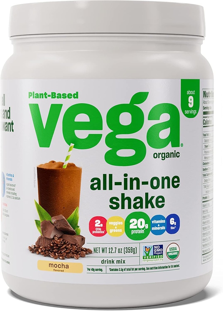 Vega Orgaaniline All-in-One Vegan Valgupulber Mocha (9 Servings) Superfood Koostisosad, Vitamiinid immuunsuse toetamiseks, Keto Sõbralik, Peavalk Naistele Ja Meestele, 12,7oz (Pakendamine Võib erineda)