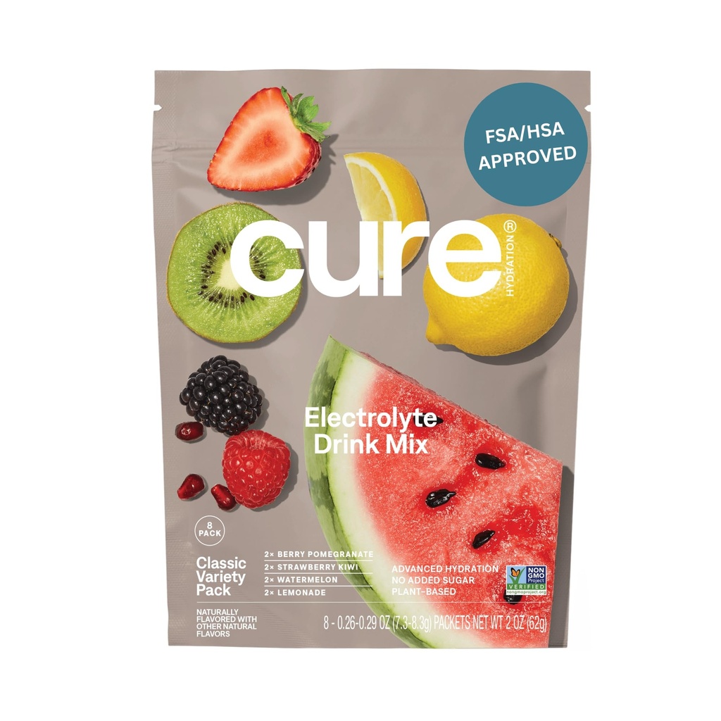 Cure Hydration | Plant-Based Electrolyte Drink Mix | No Add Sugar | FSA-HSA | Dehüdratsioon Relief Pulber valmistatud kookosvesi | Non-GMO | Vegan | 8 Packets - Sordipakk