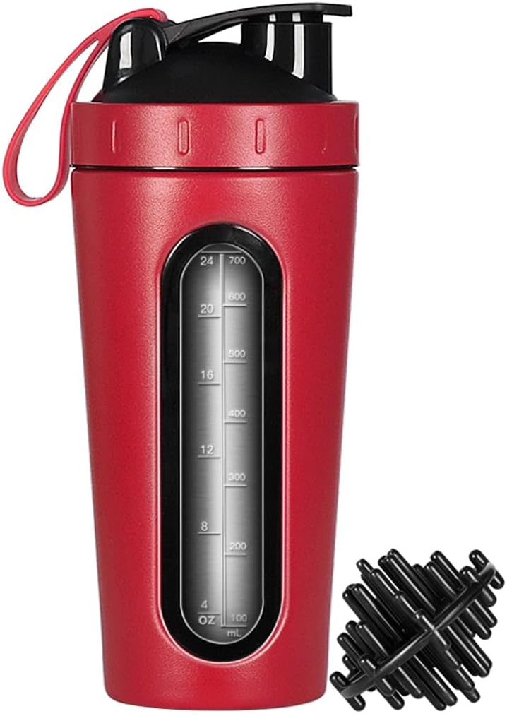 Protein Shaker Bottle, Roostevabast terasest Shaker Cup, Sport Mixer Water Bottle, Nähtav aken, Leak Proof, No BPA segamispalliga jõusaali Fitness treening, 28 Ounce, punane