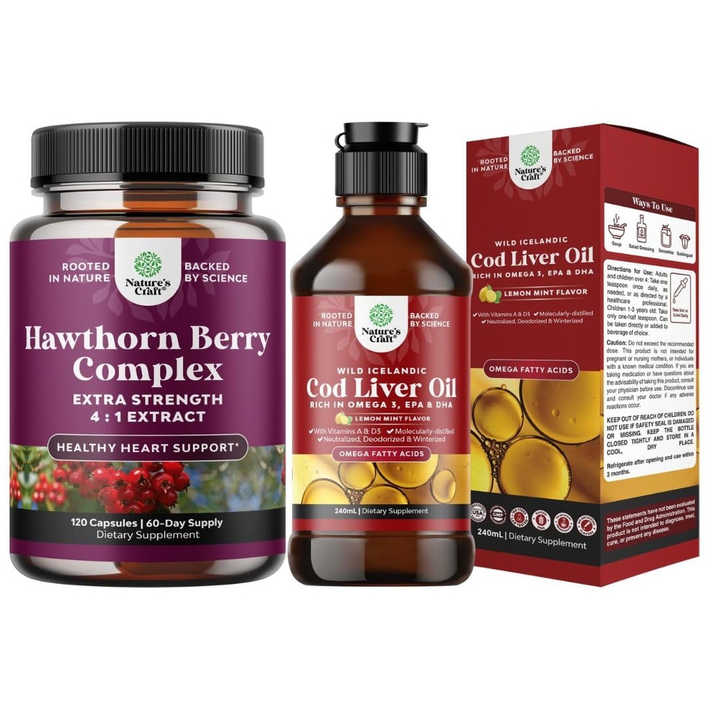 Bundle of Extra Strength Hawthorn Berry Capsules Hawthorn Extract Digestion and Heart Health Supplement and Iceland Cod Maks Oil Vedel Wild Caught Nordic Omega 3 Fish Oil Vedel täiskasvanutele ja lastele