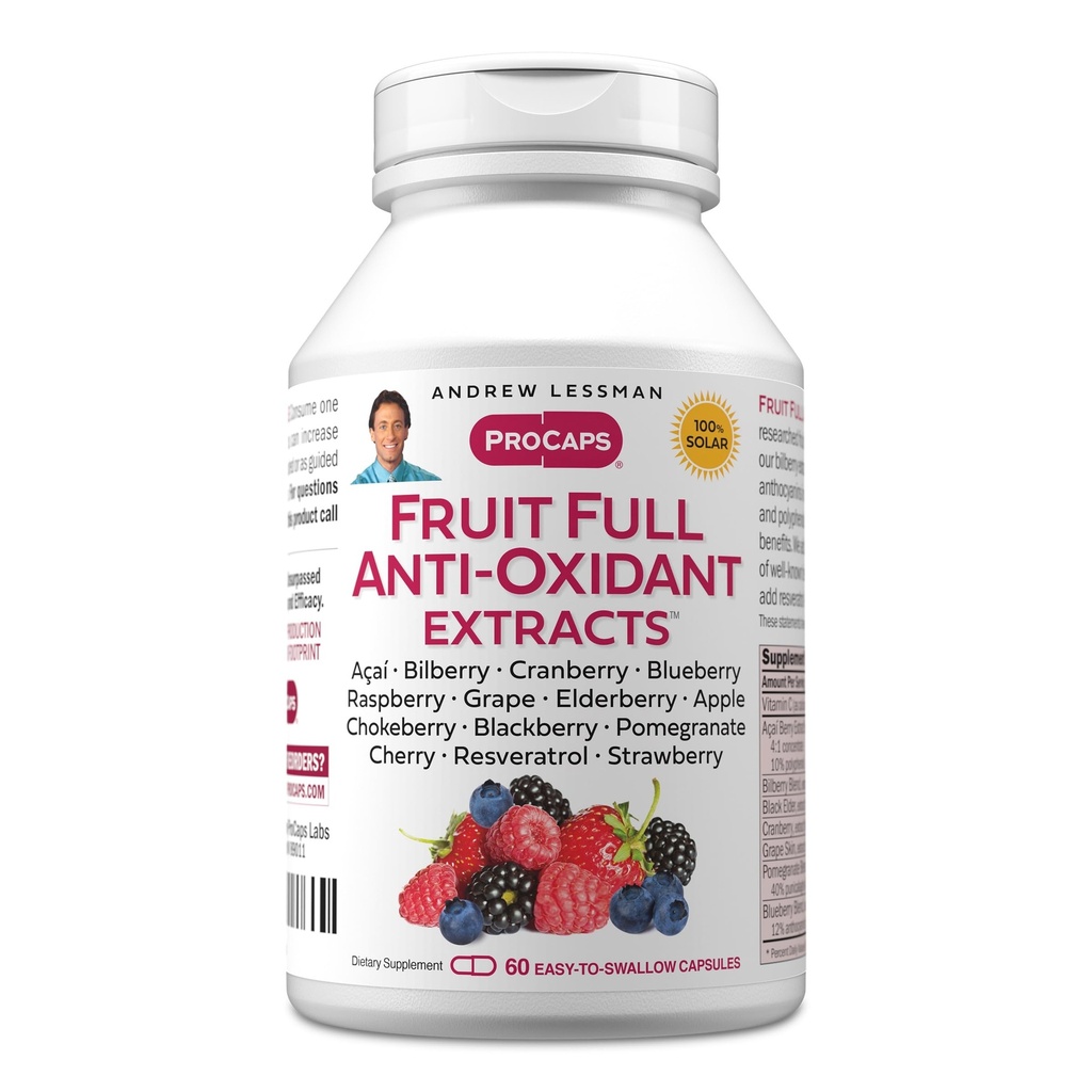 ANDREW LESSMAN Fruit Full Anti-Oxidant Ekstraktid 60 kapslit - 14 Natural Fruit and Berry Extracts. Mustikas, jõhvikas, viinamarjaseemned, granaatõunad, resveratrool ja palju muud. lihtne neelata kapslid
