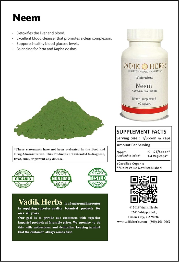 Certified Organic Vadik Herbs Neem (Azadirachta Indica) Powder 1lb. Suurepärane vere puhastaja, toetab tervislikku vere glükoosisisaldust, tasakaalustab Pitta ja Kapha Doshas
