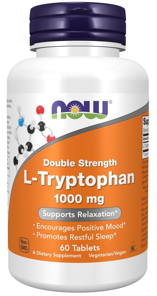NOW Foods Supplements, L-trüptofaan 1000 mg, topelttugevus, soodustab positiivset meeleolu *, toetab lõõgastumist *, 60 tabletti