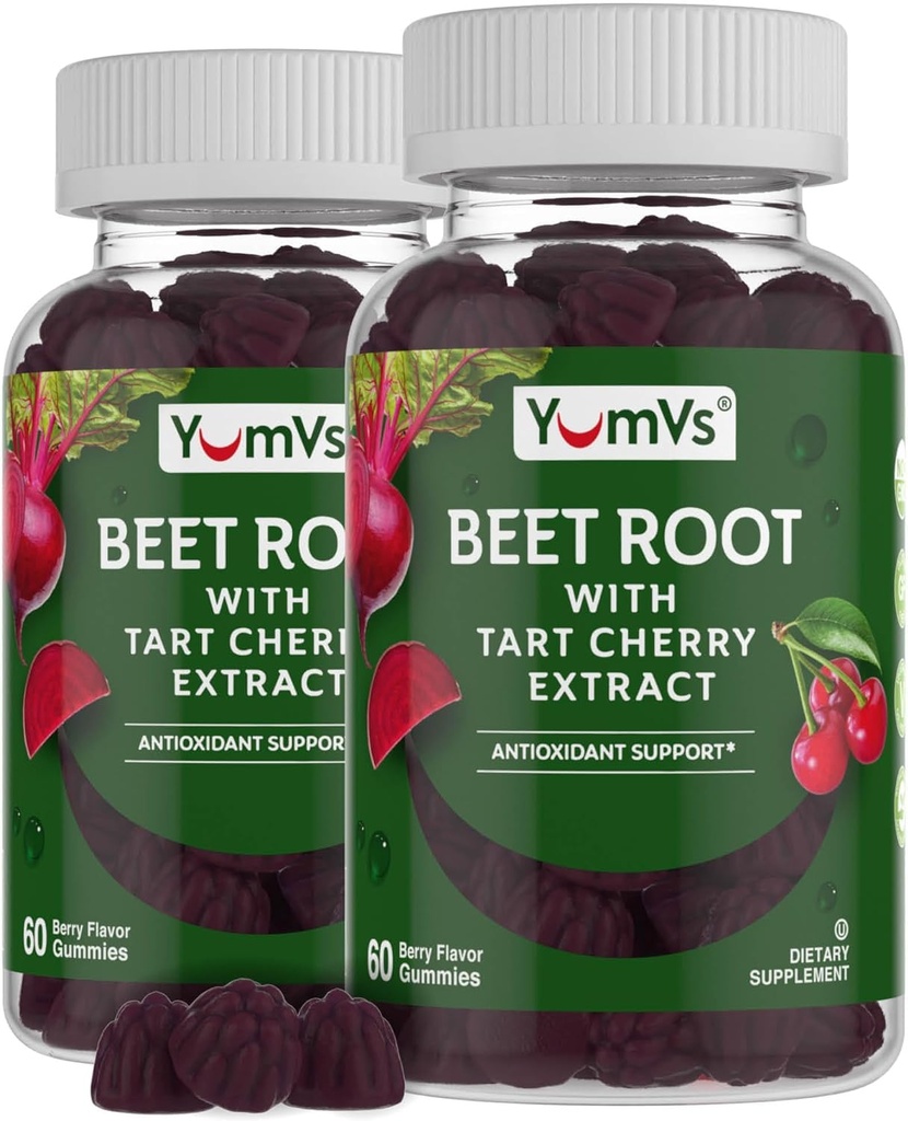 YUM-V'S Beet Root Gummies with Tart Cherry Extract - Berry Flavor Beetroot Gummies - Beet Chews for BloodCirculation and Antioxidant Support - Red Beets Gummies Berry 60 Count (Pack of 2)