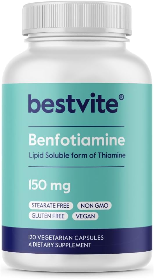 BESTVITE Benfotiamiin 150mg (120 taimekapslit) Ei Steaate - Ei ränidioksiidi - Vegan - Non GMO - Gluteenivaba