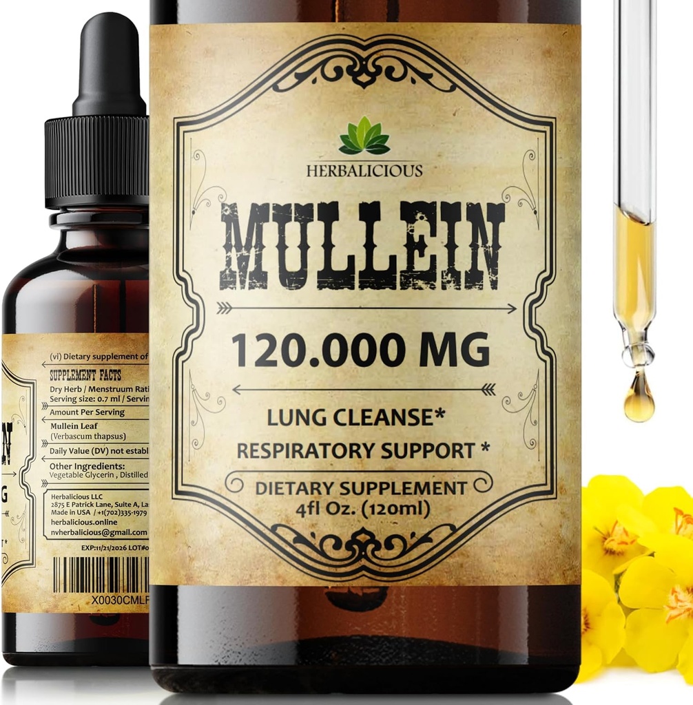 HERBALICIOUS Mullein tilgad kopsudele - orgaaniline kopsude puhastuslisa Mullein Leaf ekstraktiga (Verbascum Thapsus) - Vegan, mitte-GMO vedelik valem - 4 Fl Oz