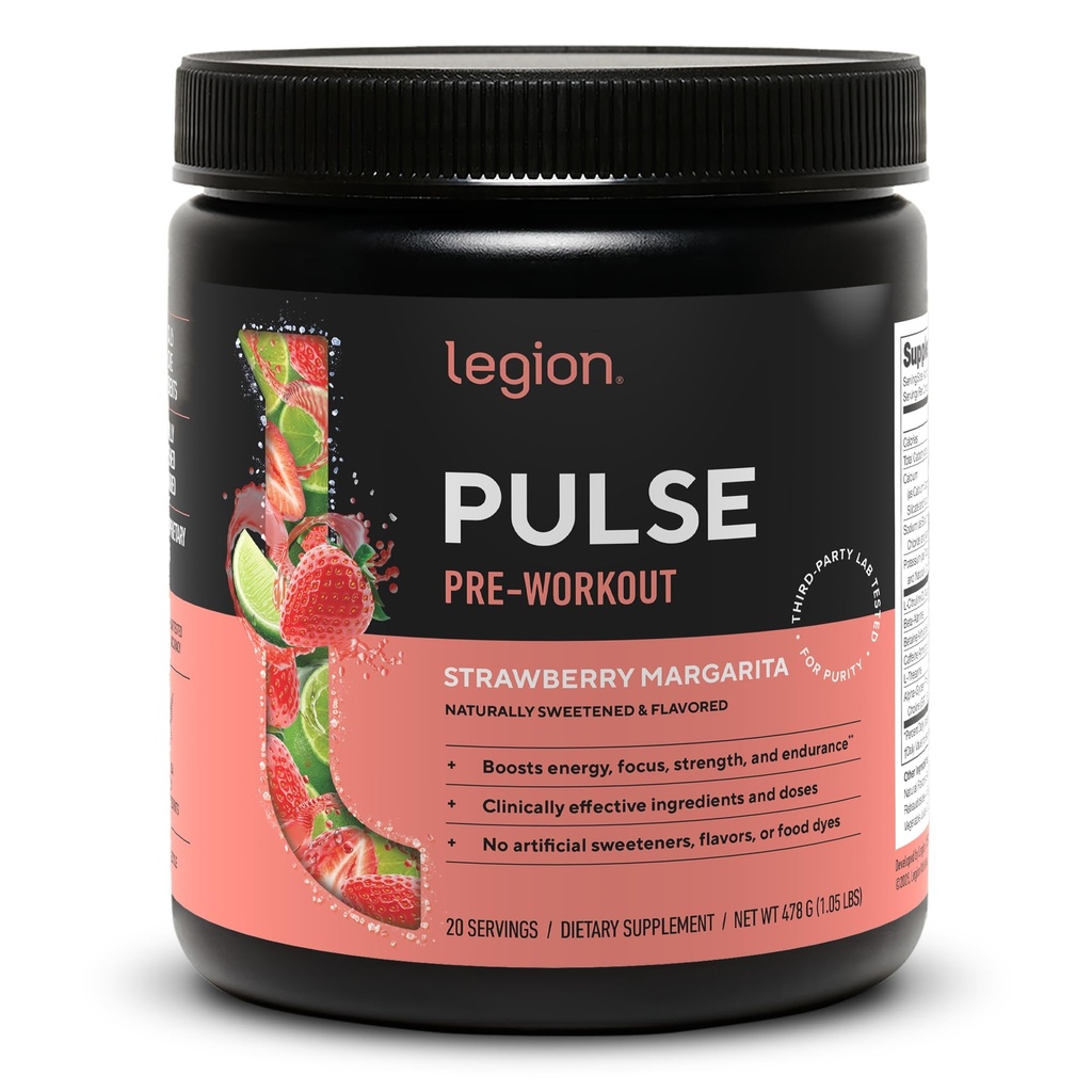 LEGION Pulse Pre Workout - kõik looduslikud lämmastikoksiidi ettevalmistusjoogid energia suurendamiseks, kreatiinivaba, looduslikult magustatud, beeta-alaniin, tsitrulliin, Alpha GPC (maasikas Margarita)