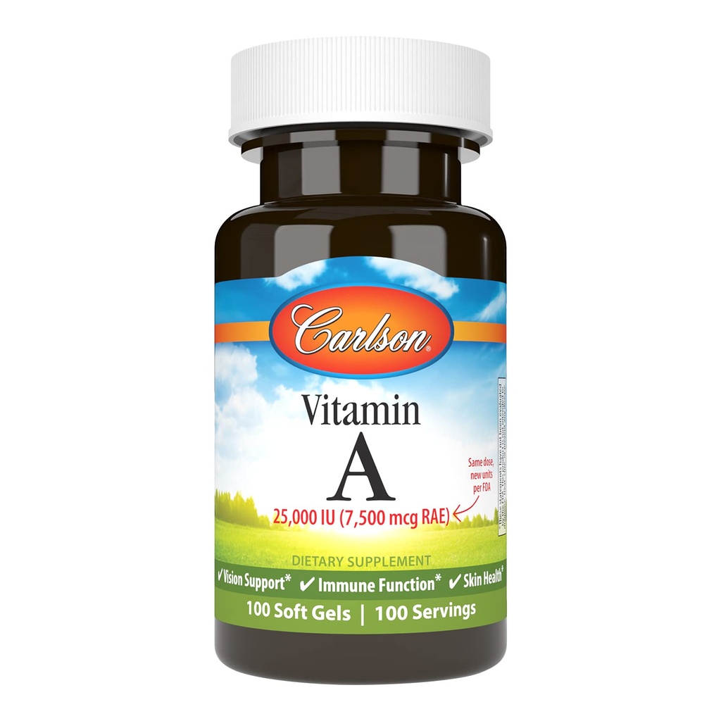 Carlson - Vitamiin A, 25000 RÜ (7500 mcg RAE), Visioon ja naha tervis, immuunfunktsioon, 100 pehmet geeli