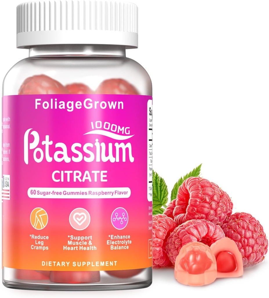 Kaaliumilisandiga kummikummid 1000mg - kaaliumilisand jalgade krampidele, lihastele ja südame tervisele - 1 kuu täiendus (60 loend)