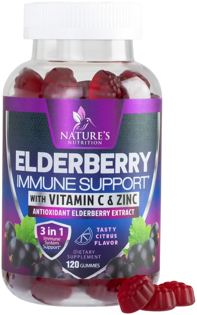 Immuunsüsteemi tugikummid Elderberry ekstraktiga - Sambucus Elderberry Gummy koos tsingi ja C-vitamiiniga, looduslik Vegan Immune Support Supplement täiskasvanutele ja lastele, Gummy Elder marja vitamiinid - 120 Gummies