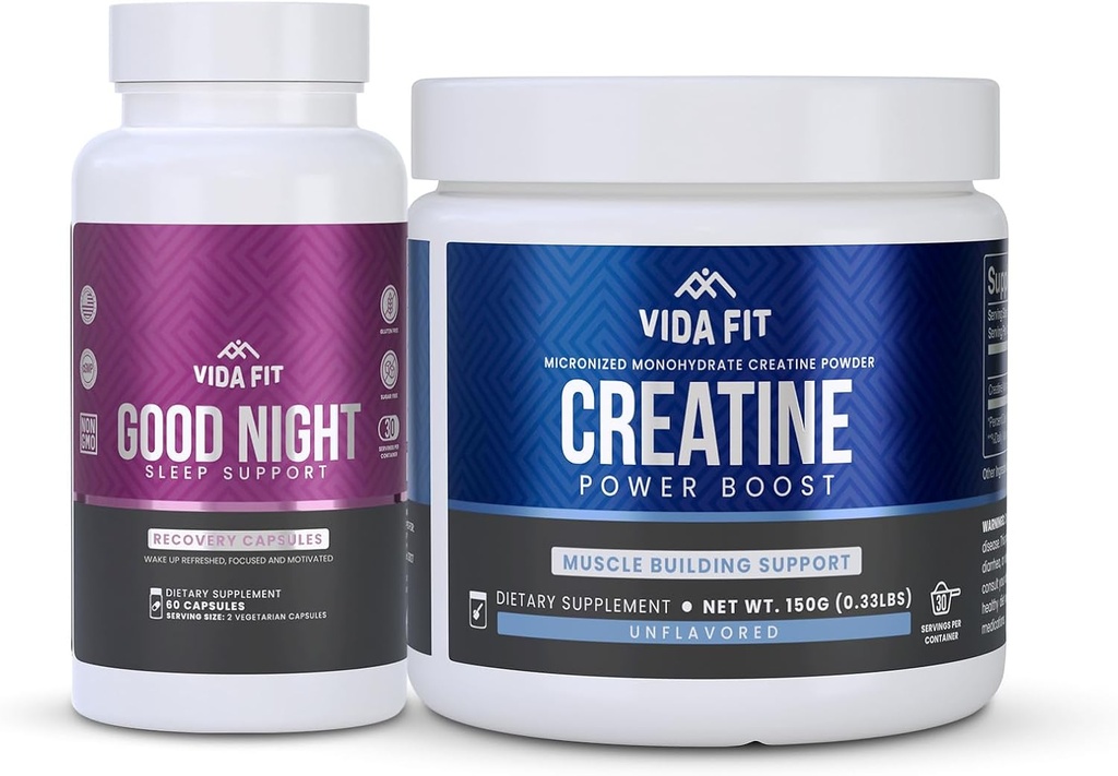 Hea öö looduslik uneabi (60 kapslit) ja mikroniseeritud kreatiini monohüdraat pulber (150 g) komplekt - looduslik unetoetus melatoniini, Ashwagandha ja L-Theanine'iga, pluss puhas vegan kreatiini parandamiseks