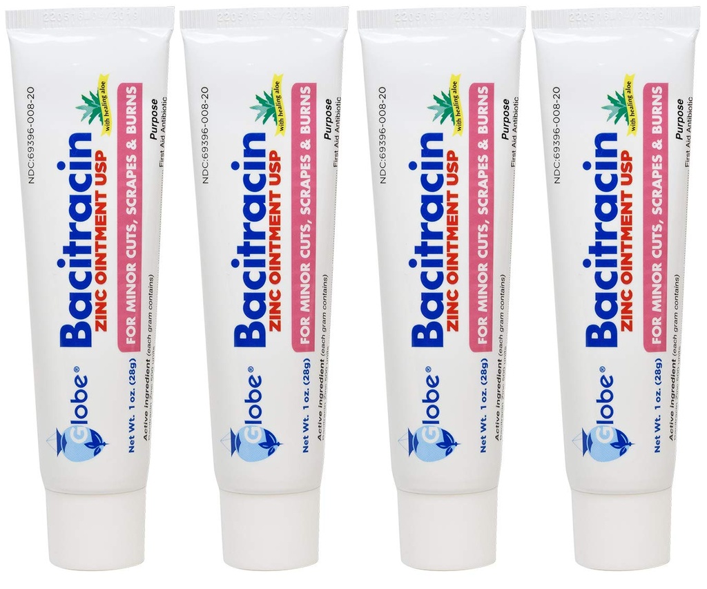 (4 Pack) Globe Batsitratsiin Tsink Salv + Aloe 1oz, Antibiootikum Salv, Antibiootikumide Esmaabi Tarvikud, Healing Action, Maksimaalne Antibiootikumide Võimsus, Ennetab Nakkust lõigete, kriimustuste, põletuste