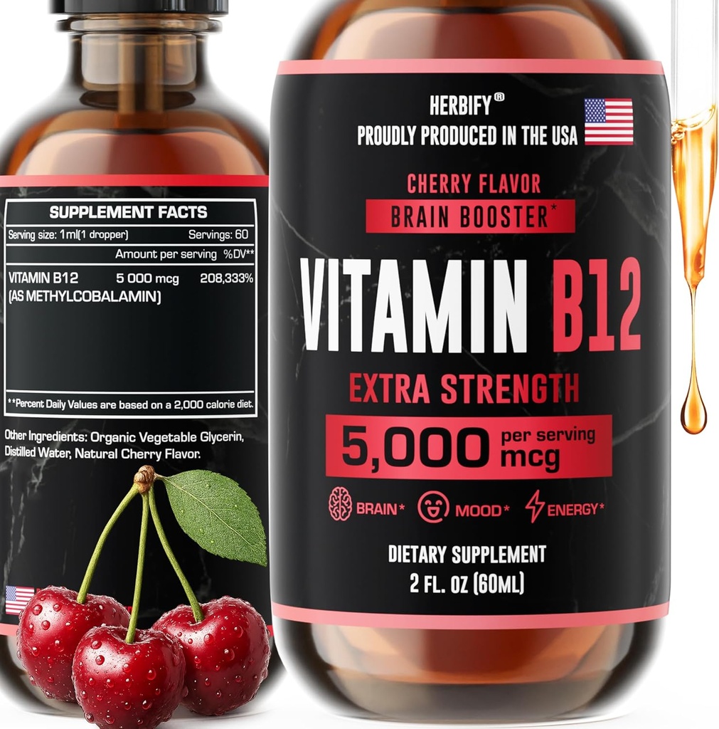 HERBIFY Vitamiin B12 Metüülitud multivitamiinid Energialisandid naistele ja meestele - Vedel B12 Vitamiinid 5000 Mcg Metüülkobalamiin - Energiatoetus ja immuuntervise Vedel Vitamiin 2 Oz
