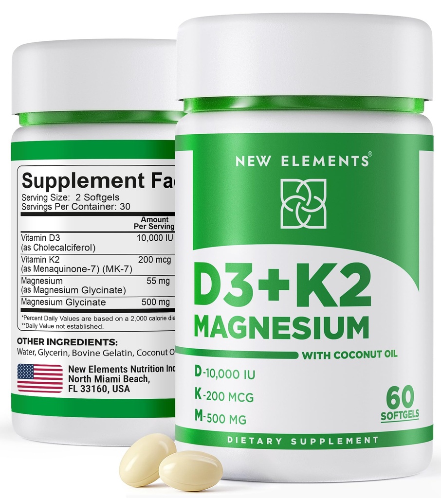 Uued elemendid Vitamiin D3 K2 10 000 RÜ magneesiumglütsinaadiga 500mg - Luu tervis, immuunsuse tugi, energia ja meeleolu - mitte-GMO, gluteenivaba, suhkruvabad pehmed softgelid naistele ja meestele (60 pehmegeeli)