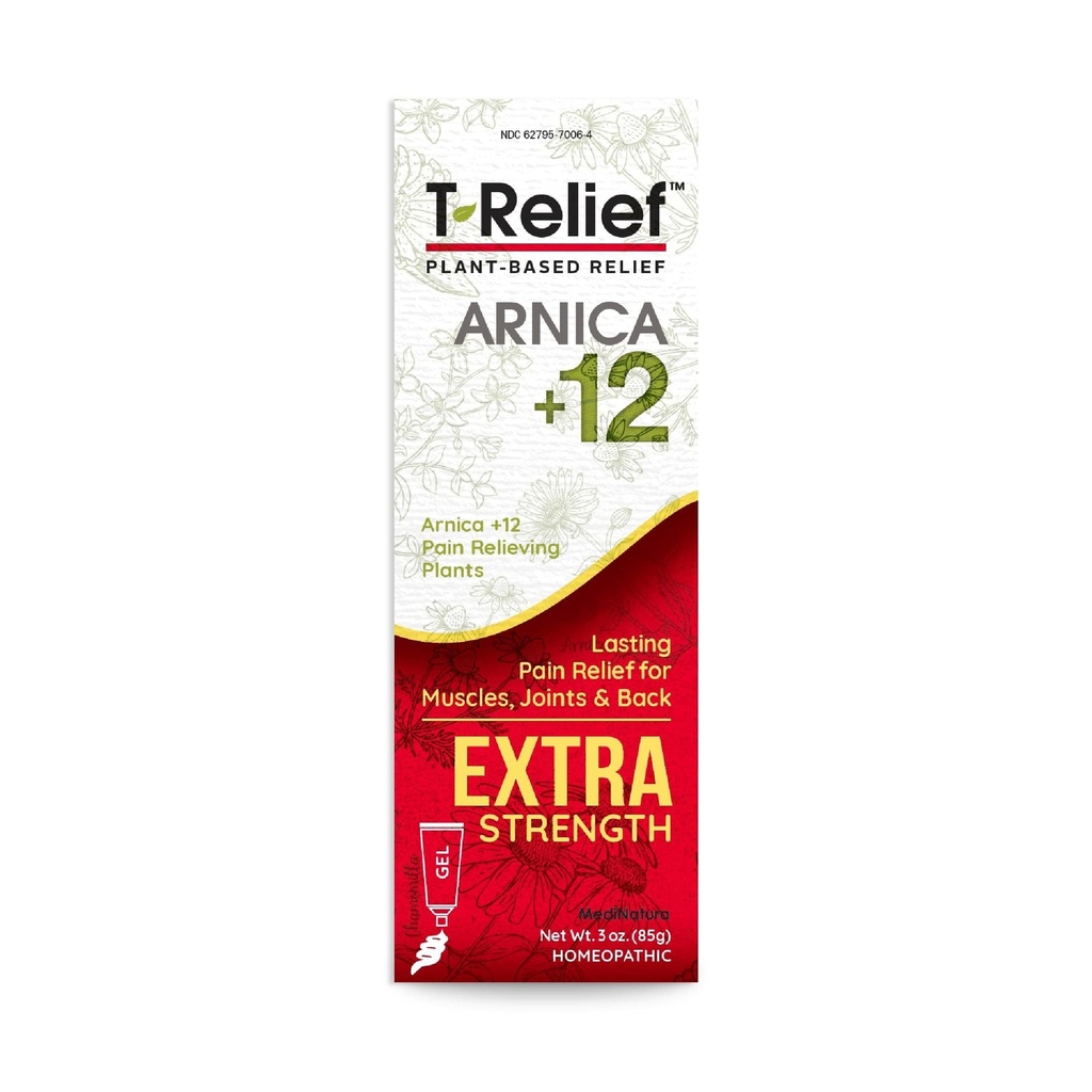 MediNatura T-Relief Extra Tugevus Gel Arnica +12 Looduslikud leevendavad aktiivsed seljavalu liigesvalu Lihasvalud ja jäikus Kogu keha kiire tegutsemine Naistele ja meestele - 3 oz