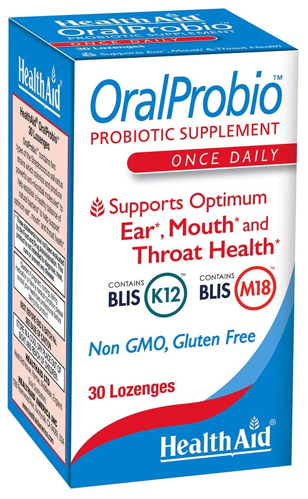 Suukaudne Probio 30ct, üks kord päevas näritavad tabletid, toetab optimaalset kõrva, suu ja kurgu tervist, mitte GMO-d, gluteenivaba, piparmündi maitse, sisaldab BLIS K12 & M18