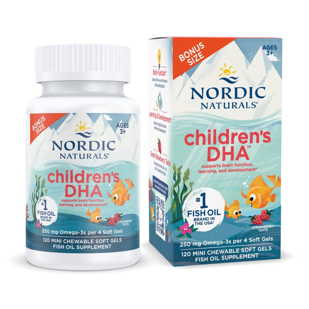 Nordic Naturals Laste DHA, Maasikas - 120 Mini närimist pehme geelid lastele - 250 mg Omega-3 EPA & DHA - Aju areng & funktsioon - Non-GMO - 30 Servings