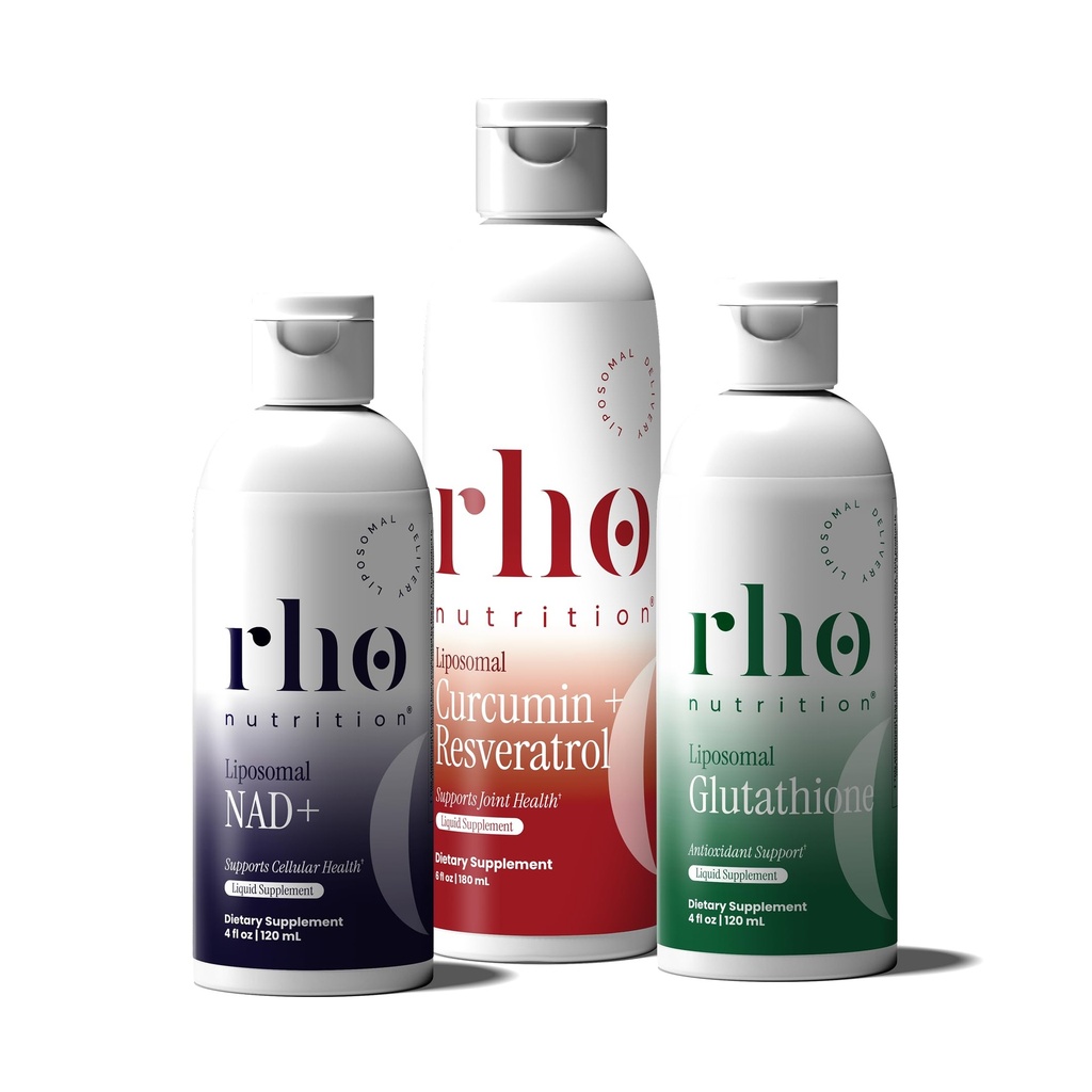 Rho Nutrition - Cellular Health Essentials Bundle - Vedelad liposomaalsed toidulisandid tervislikuks vananemiseks ja rakkude toetamiseks - NAD+, kurkumiin + resveratrool ja glutatioon (3 pakendit)