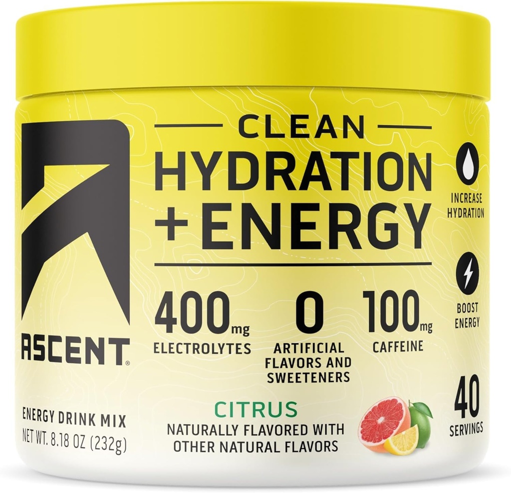 Tõusu puhas hüdratsioon + energia elektrolüütide pulber - 100 mg kofeiini, 400 mg elektrolüüte, kunstlike koostisosadeta, tsitrusviljad 40 serveerimist