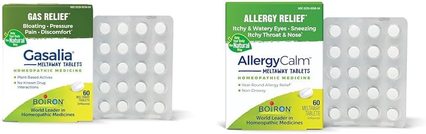 Boiron Gasalia Tablets 60 Count ja AllergyCalm Tablets 60 Loeb gaasi, puhituse, allergiate ja heinapalaviku leevendamist
