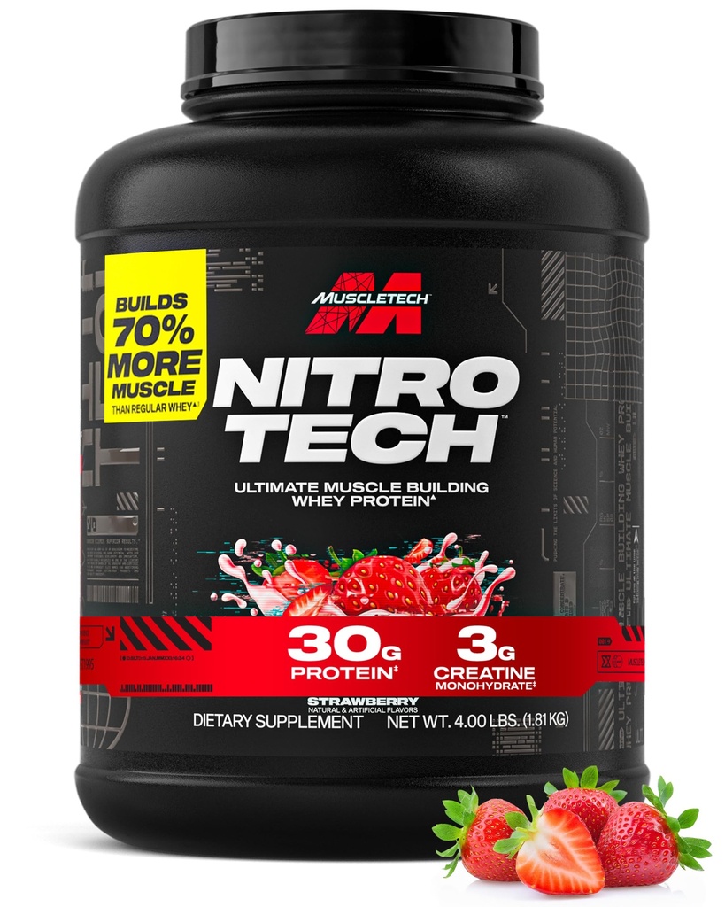 Muscletech vadakuvalgu pulber (maasikas, 4 naela) - Nitro-Tech Ultimate lihaste ehitusvalem vadakuvalgu isolaadiga - 30 g valku, 3 g kreatiini ja 6,8 g BCAA - pakend võib varieeruda