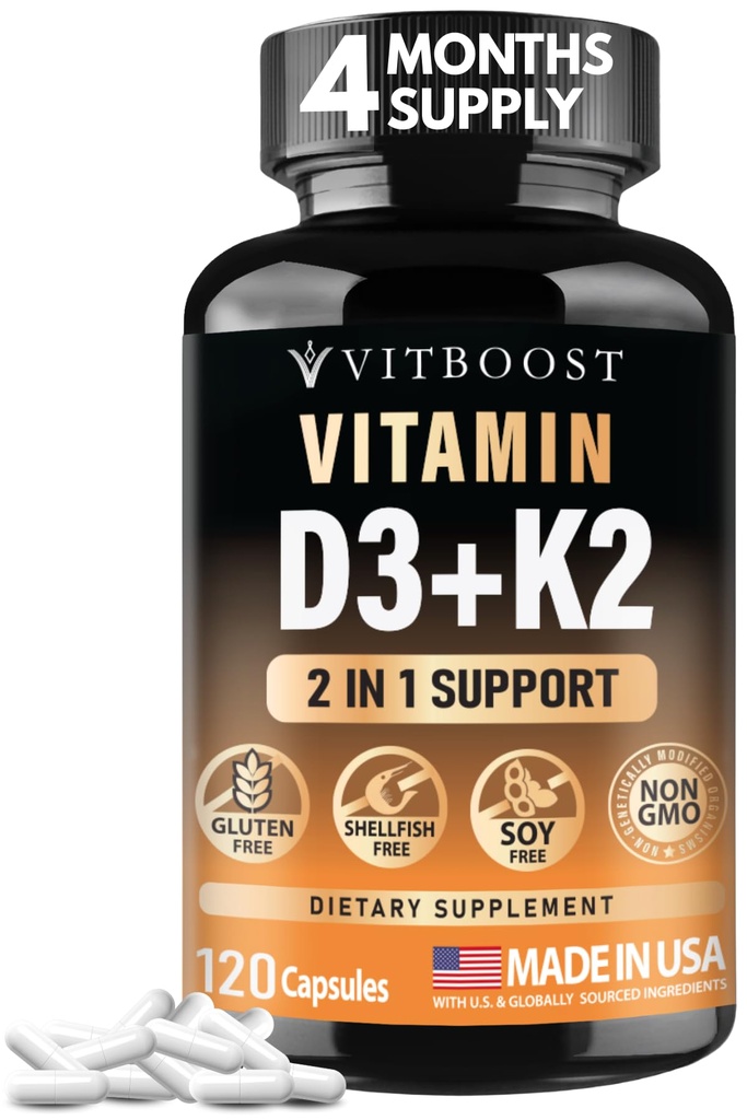 VITBOOST Vitamiin D3 K2 kompleks - lihtne neelata - Vitamiin D (D3) 5000 IU (125 mcg) & K2 (MK-7) 90 mcg | Mitte-GMO | Gluteenivaba | USA Valmistatud | 120 kapslit