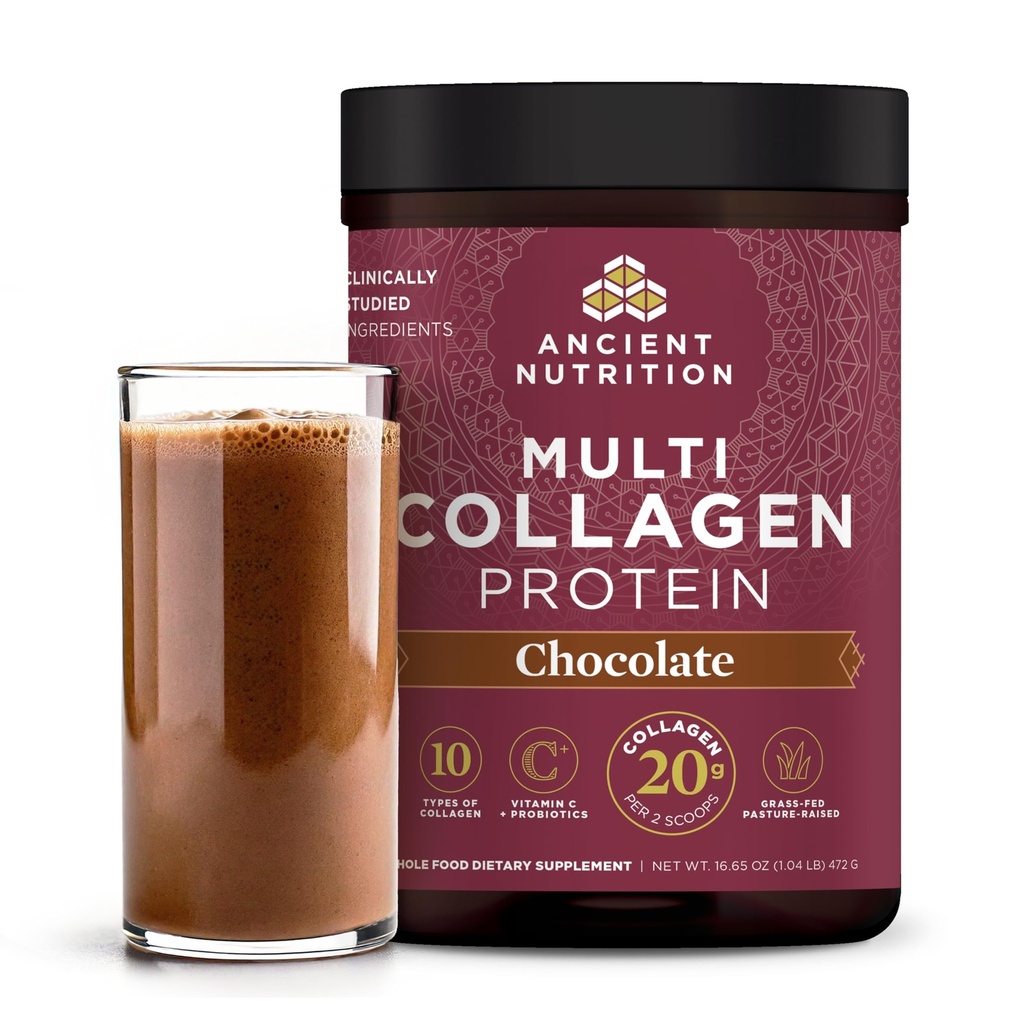 Ancient Nutrition Hüdrolüüsitud kollageeni peptiidid Pulber probiootikumidega, šokolaad Multi kollageeni valk naistele ja meestele C-vitamiiniga, 40 serveerimist, toetab nahka ja küüneid, soolestiku tervis, 16.65oz