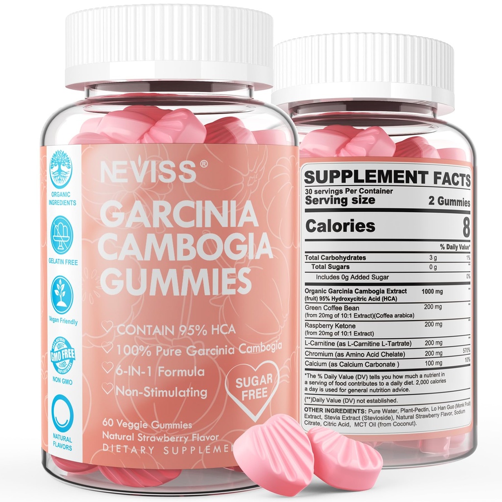 Sugar Free Garcinia cambogia Gummies 1000mg 95% HCA Pure Extract L-karnitiini, Vaarika Ketooni, kroomi, Green Coffee Bean Metabolism, 100% Orgaaniline ekstrakt, Vegan, Maasika Maitse 60 Cts