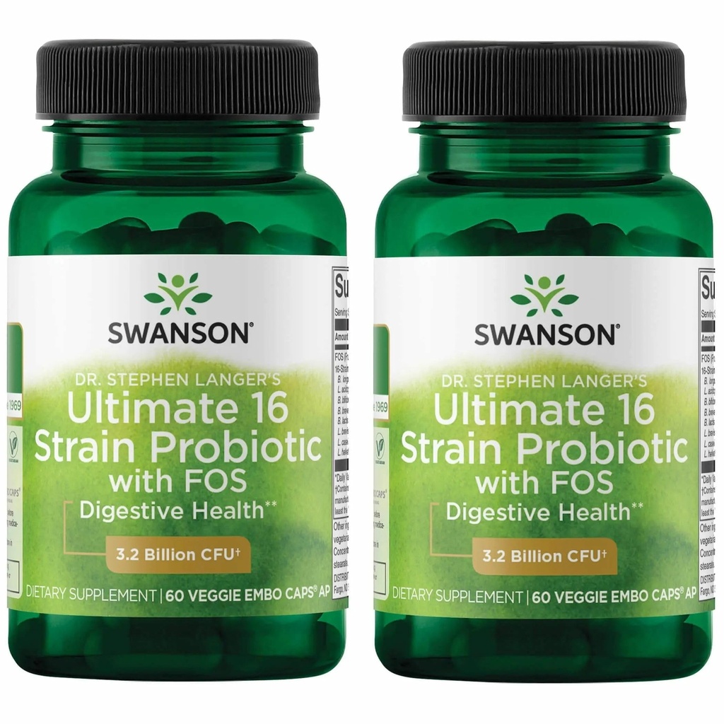 Swanson Dr. Stephen Langeri valem - looduslik probiootiline w / prebiootiline FOS - 16-tüveline toidulisand, mis soodustab seedimist w / 3,2 miljardit CFU kapsli kohta - (60 Veggie kapslit) 2 Pack