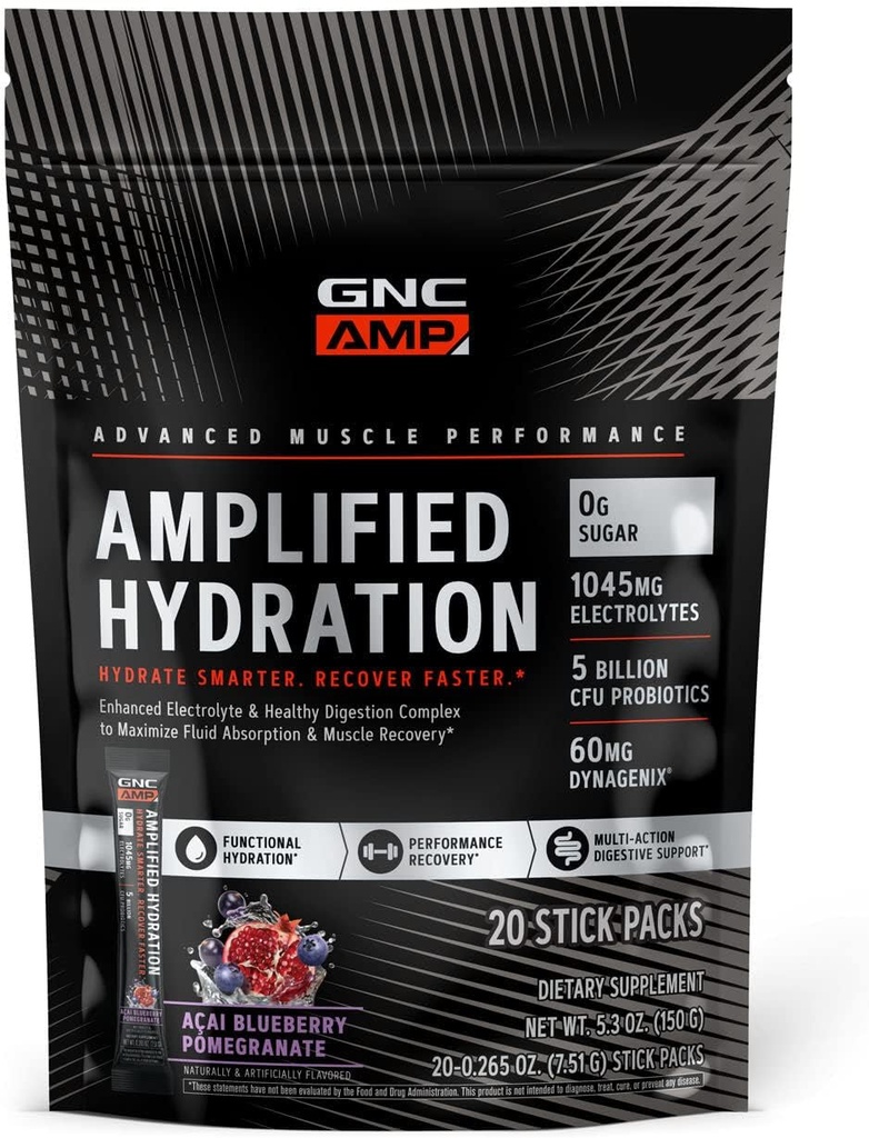 GNC AMP amplifitseeritud hüdraat elektrolüütide pulbri joogisegu | täiustatud elektrolüütide ja tervisliku seedimise kompleks | Acai mustika granaatõuna | 20 loend
