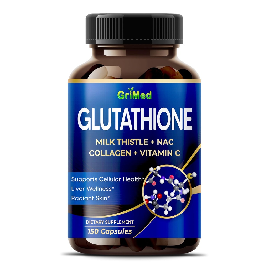 GriMed Glutatioon 11 200 mg - X10 võimsus piimaohakaga, NAC, kollageen, C-vitamiin - rakuline heaolu, kiirguslik nahk - USA valmistatud ja testitud (150 loend (1. pakk))