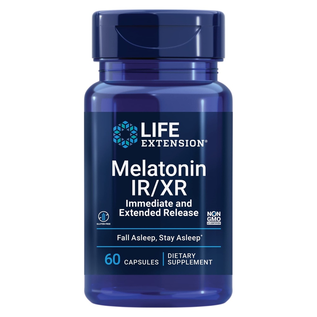 Eluea pikendamine Melatoniin IR / XR, 1,5 mg, kohene ja laiendatud vabastav valem optimaalse une toetamiseks, tervislikud ööpäevased rütmid, rakukaitse, gluteenivaba, mitte-GMO, 60 kapslit