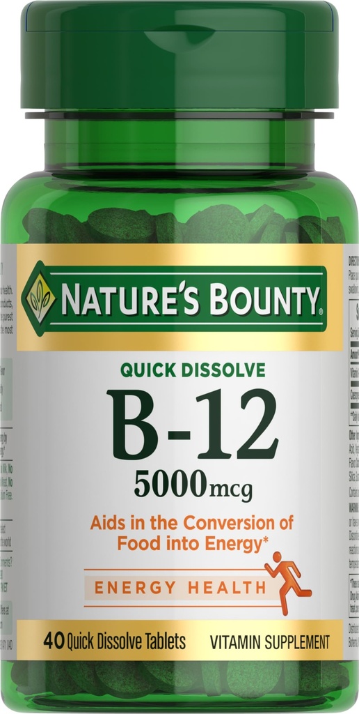Looduse Bounty Vitamiin B12, toetab energia ainevahetust ja närvisüsteemi tervist, 5000 mg, 40 kiiret lahustuvat tabletti